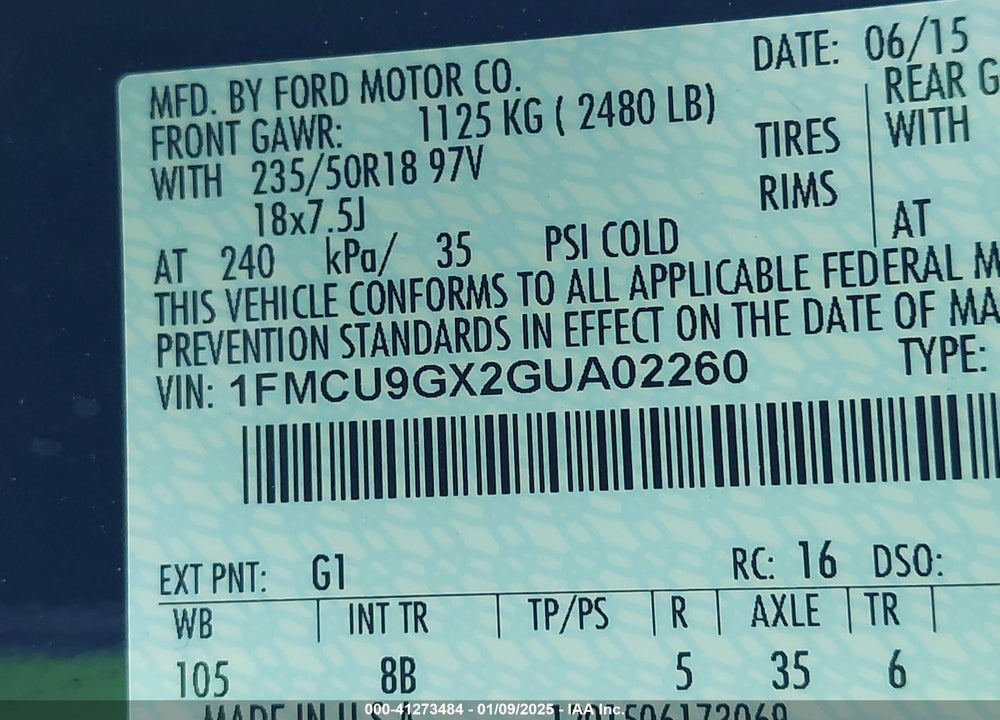 2016 FORD ESCAPE SE VIN: 1FMCU9GX2GUA02260