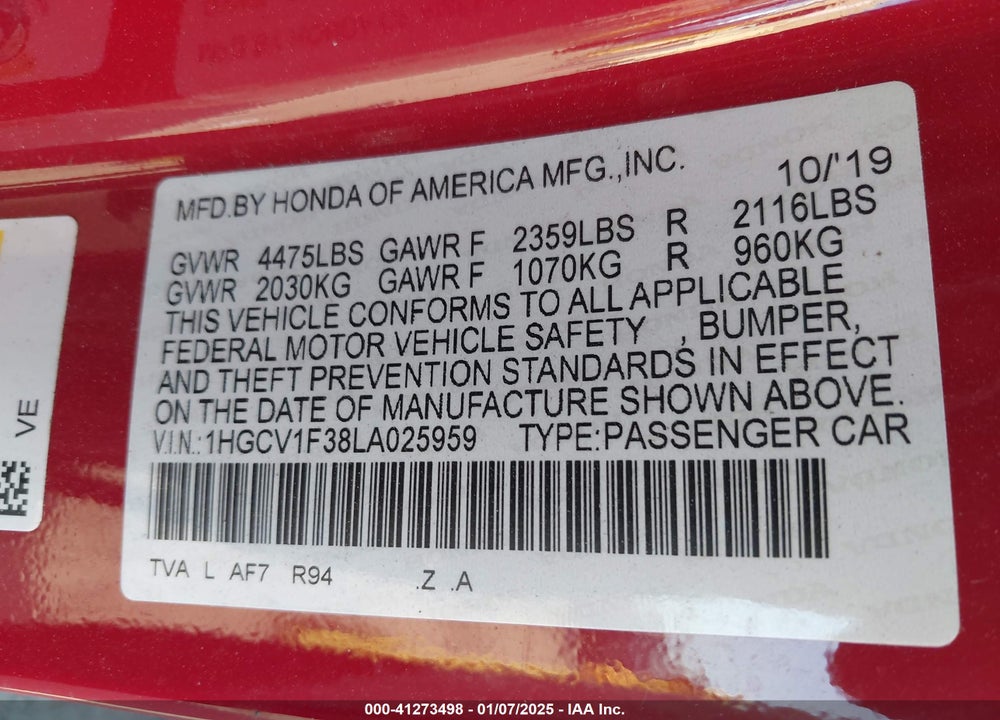 2020 HONDA ACCORD VIN: 1HGCV1F38LA025959