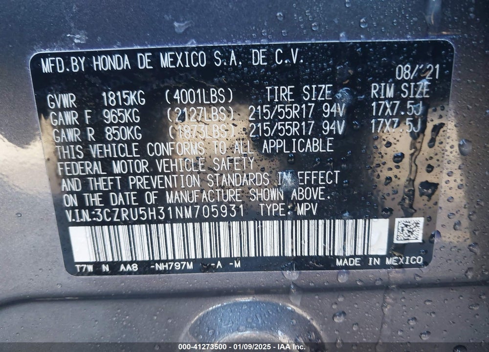2022 HONDA HR-V 2WD LX VIN: 3CZRU5H31NM705931