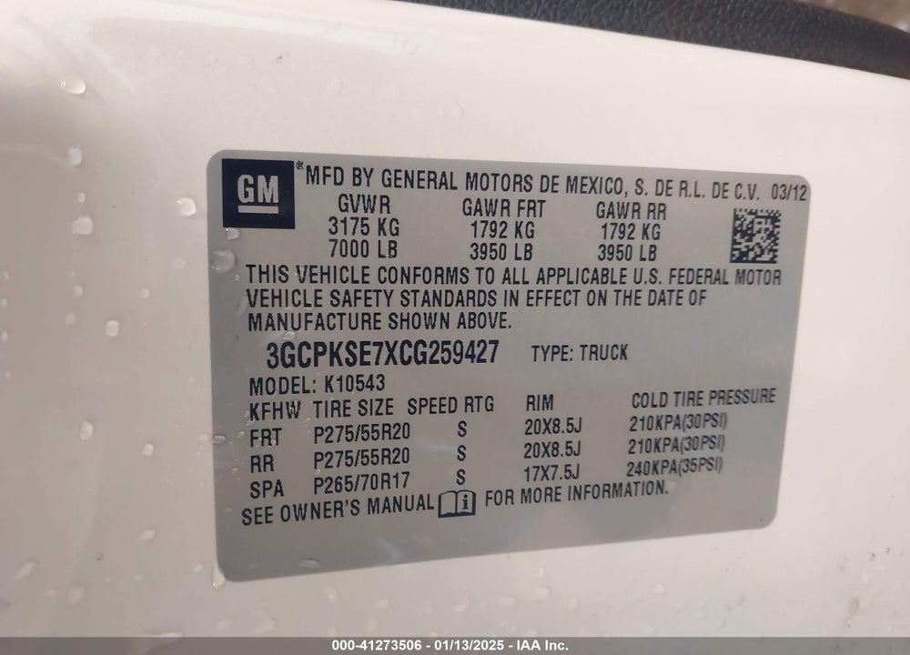 2012 CHEVROLET SILVERADO 1500 VIN: 3GCPKSE7XCG259427