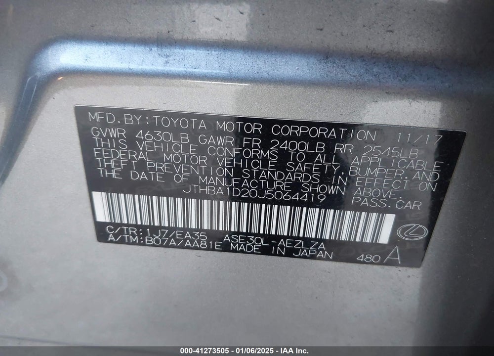 2018 LEXUS IS 300 VIN: JTHBA1D20J5064419