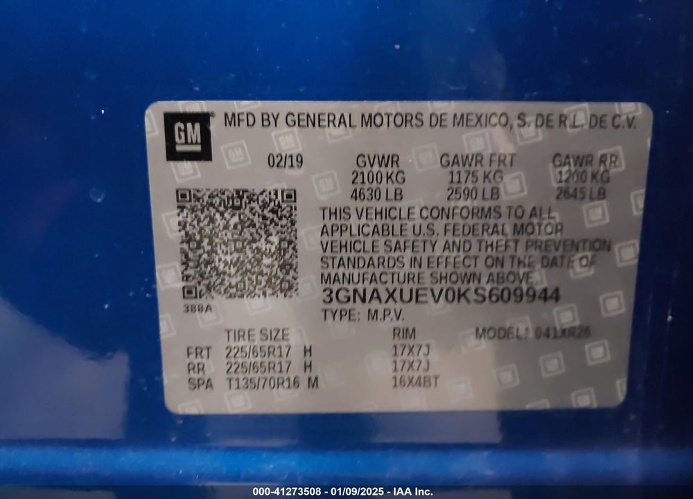 2019 CHEVROLET EQUINOX LT VIN: 3GNAXUEV0KS609944