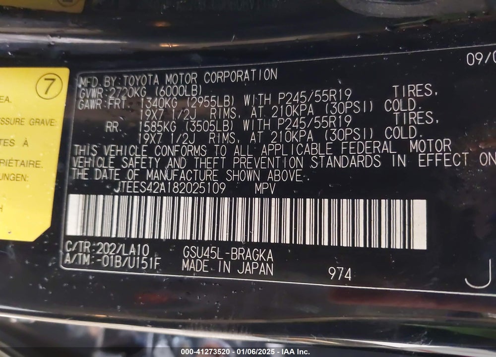 2008 TOYOTA HIGHLANDER LIMITED VIN: JTEES42A182025109