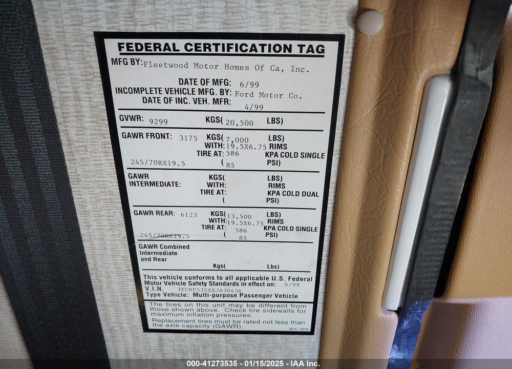 1999 FORD F550 SUPER DUTY STRIPPED CHASS VIN: 3FCNF53SXXJA30436