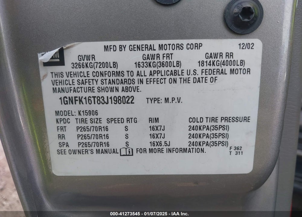 2003 CHEVROLET SUBURBAN 1500 LS VIN: 1GNFK16T83J198022