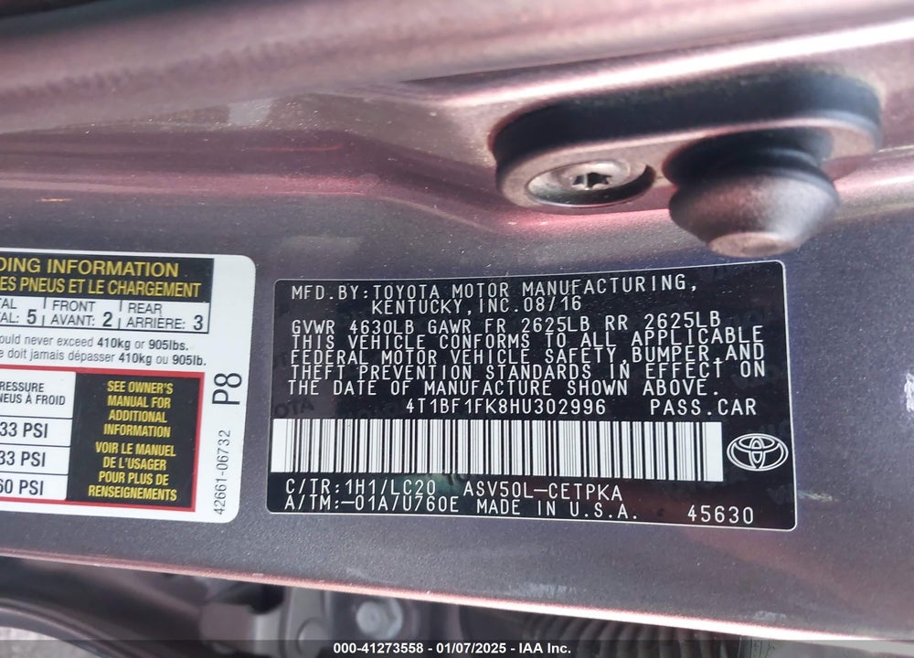 2017 TOYOTA CAMRY XSE VIN: 4T1BF1FK8HU302996