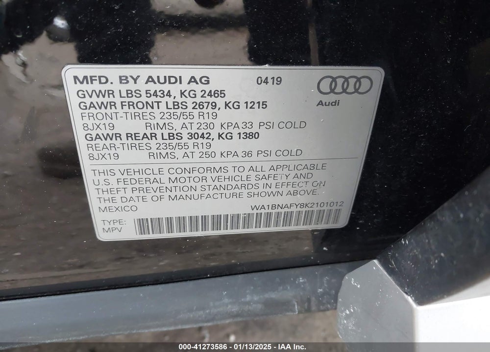 2019 AUDI Q5 45 PREMIUM VIN: WA1BNAFY8K2101012
