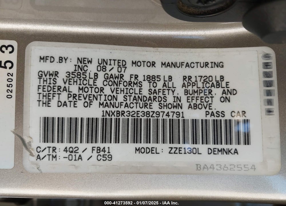2008 TOYOTA COROLLA LE VIN: 1NXBR32E38Z974791