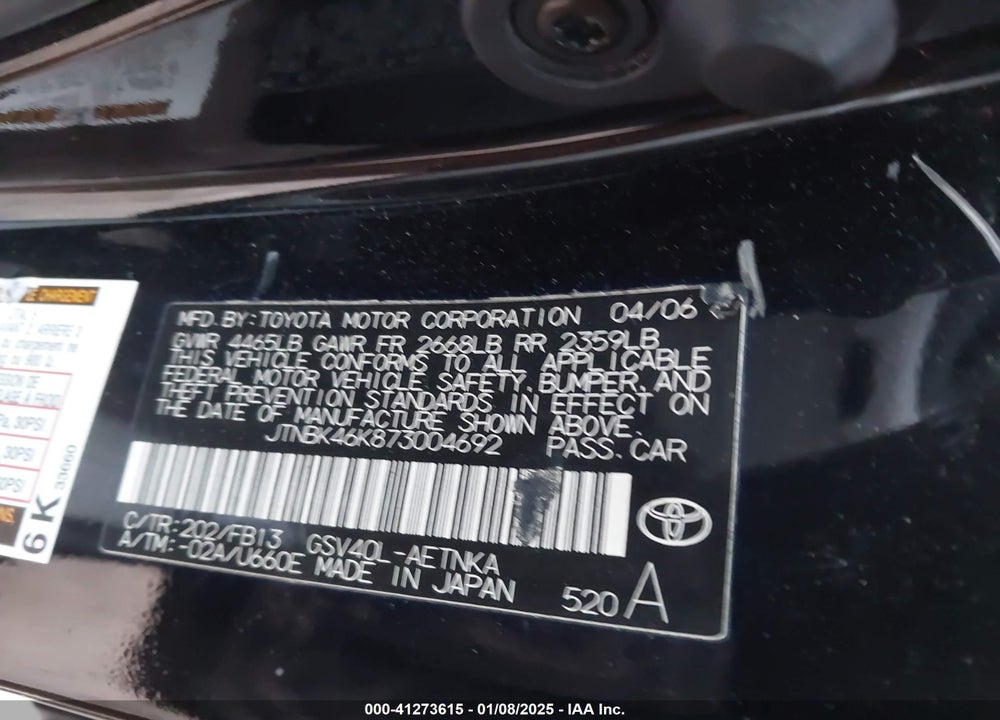 2007 TOYOTA CAMRY VIN: JTNBK46K873004692