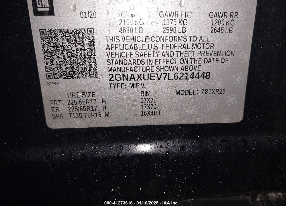 2020 CHEVROLET EQUINOX AWD LT 1.5L TURBO VIN: 2GNAXUEV7L6214448