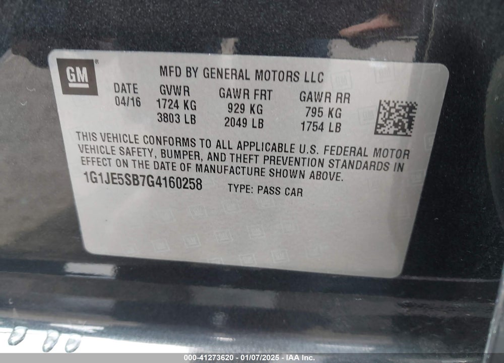 2016 CHEVROLET SONIC LTZ AUTO VIN: 1G1JE5SB7G4160258