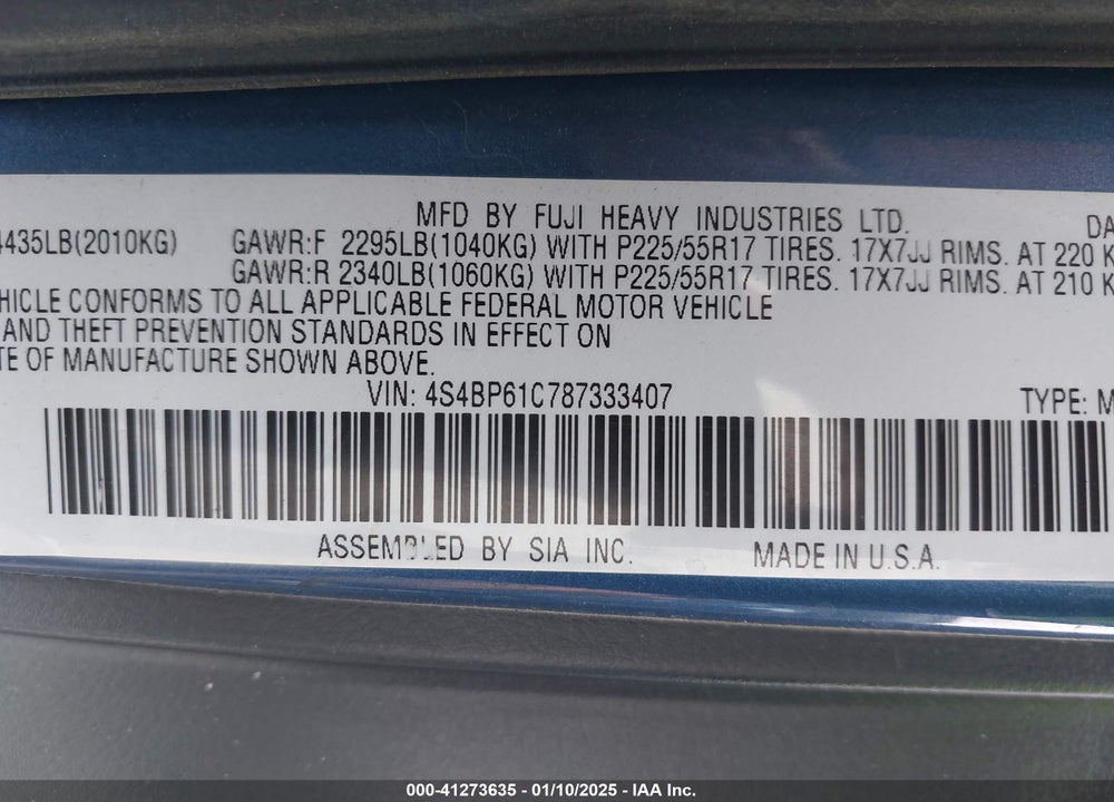 2008 SUBARU OUTBACK 2.5I/2.5I L.L. BEAN EDITION VIN: 4S4BP61C787333407