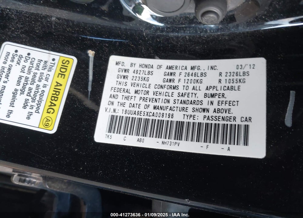 2012 ACURA TL 3.7 VIN: 19UUA9E5XCA009196