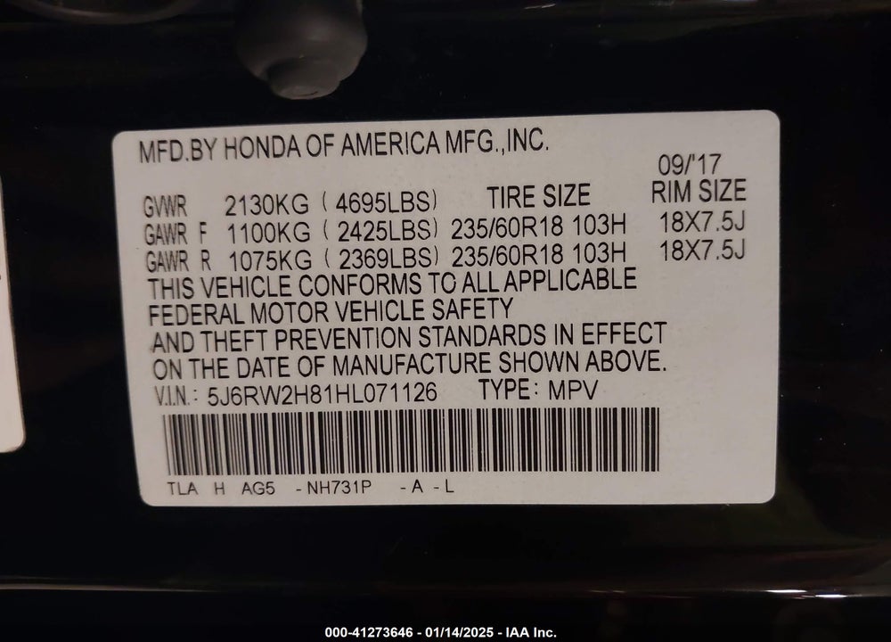 2017 HONDA CR-V EX-L/EX-L NAVI VIN: 5J6RW2H81HL071126