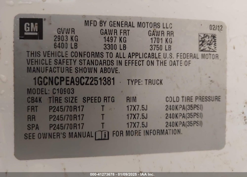 2012 CHEVROLET SILVERADO 1500 VIN: 1GCNCPEA9CZ251381
