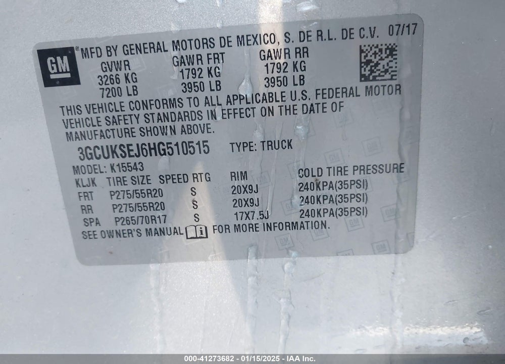 2017 CHEVROLET SILVERADO 1500 1LZ VIN: 3GCUKSEJ6HG510515