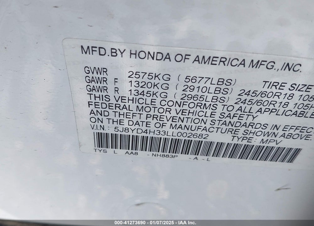 2020 ACURA MDX VIN: 5J8YD4H33LL002682