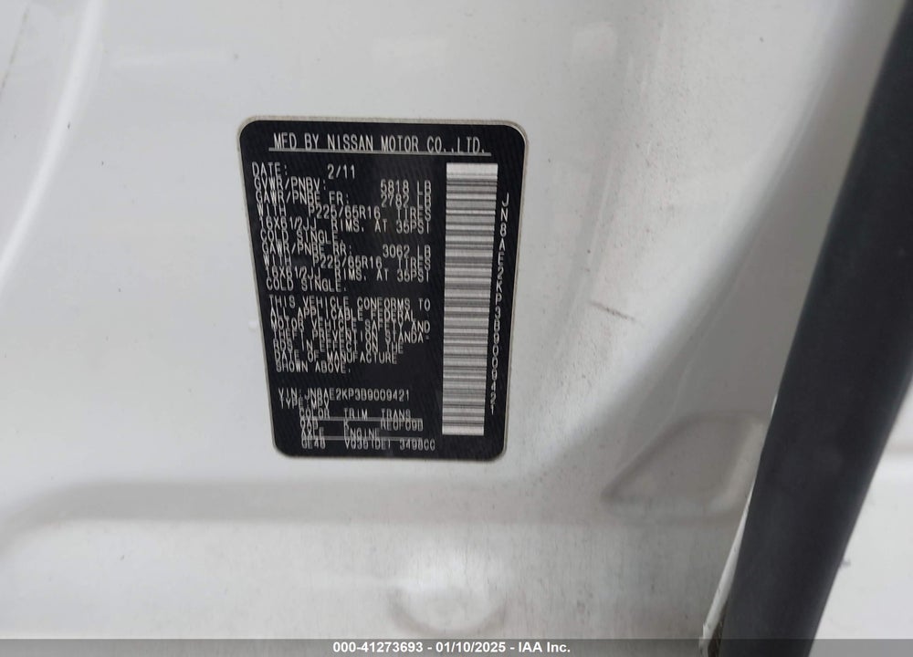 2011 NISSAN QUEST S VIN: JN8AE2KP3B9009421
