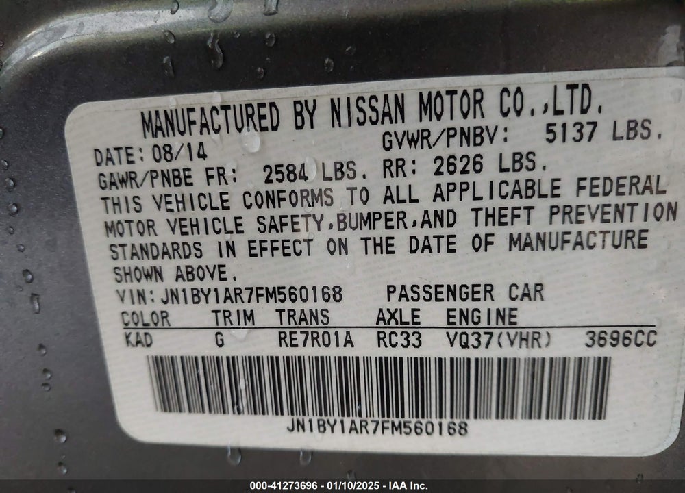 2015 INFINITI Q70 VIN: JN1BY1AR7FM560168