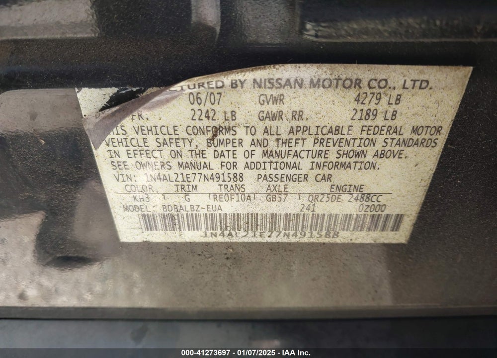 2007 NISSAN ALTIMA VIN: 1N4AL21E77N491588