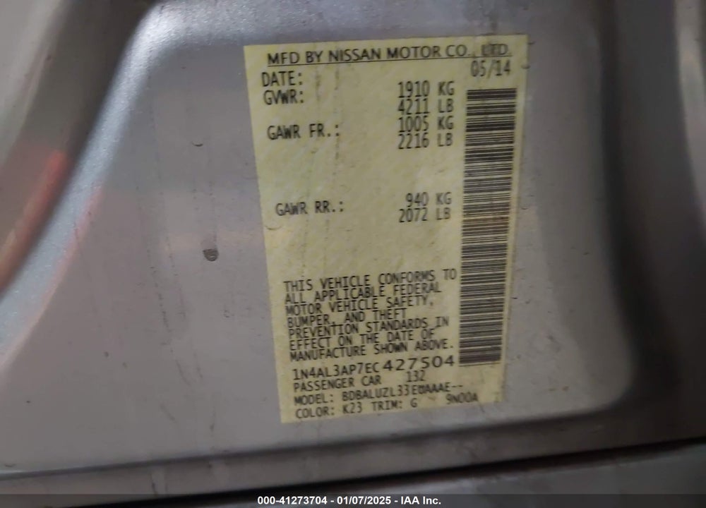 2014 NISSAN ALTIMA VIN: 1N4AL3AP7EC427504
