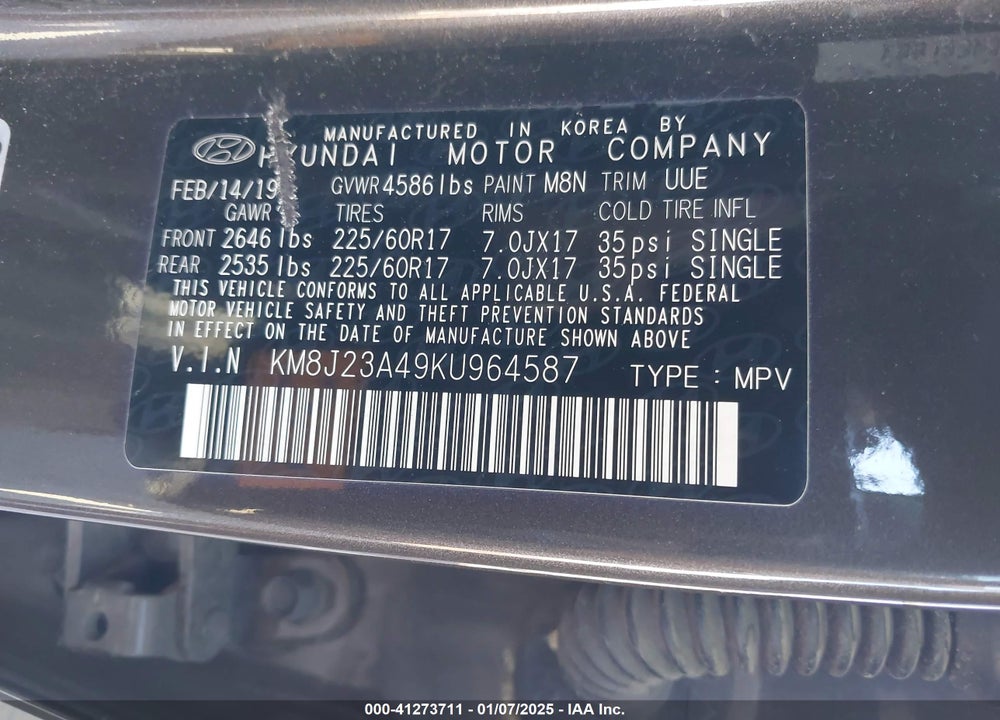2019 HYUNDAI TUCSON SE VIN: KM8J23A49KU964587
