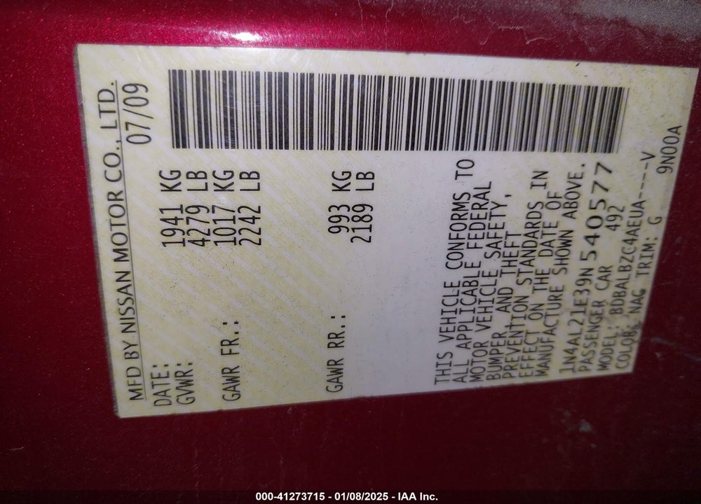 2009 NISSAN ALTIMA 2.5 S VIN: 1N4AL21E39N540577