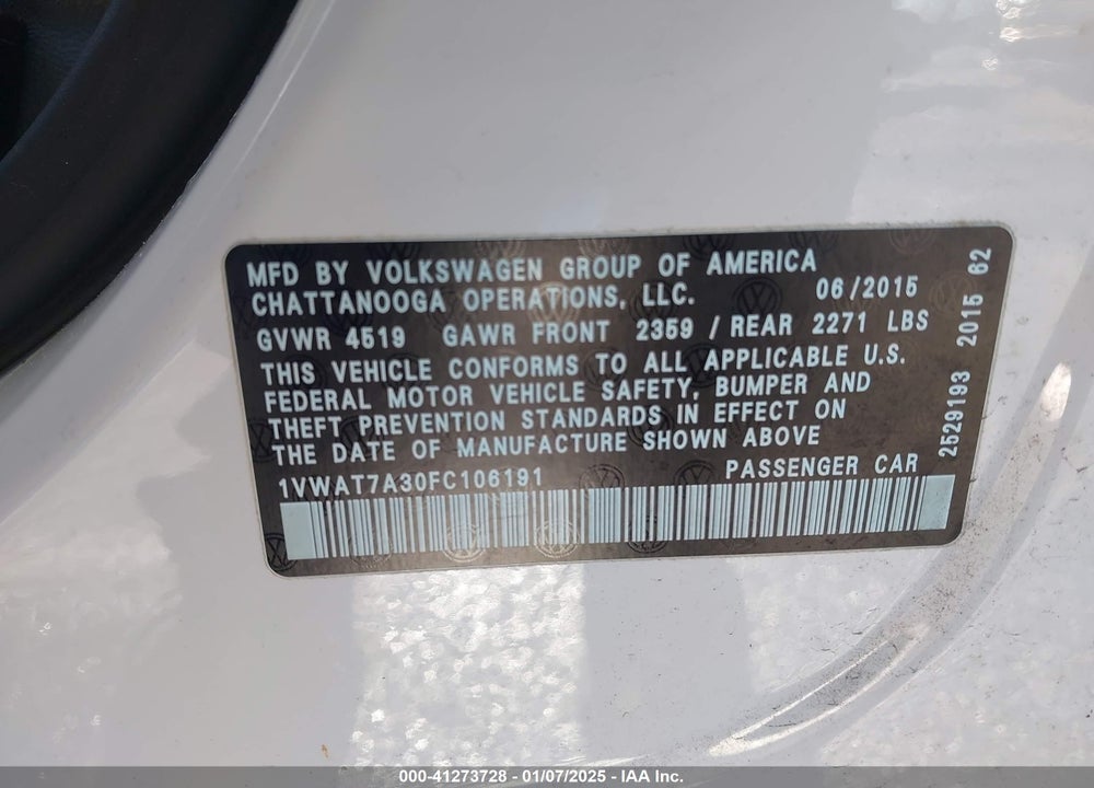 2015 VOLKSWAGEN PASSAT VIN: 1VWAT7A30FC106191