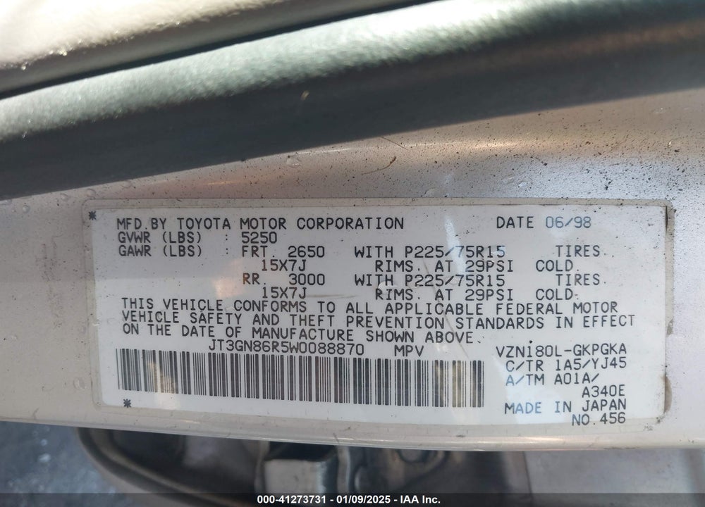 1998 TOYOTA 4RUNNER SR5 V6 VIN: JT3GN86R5W0088870