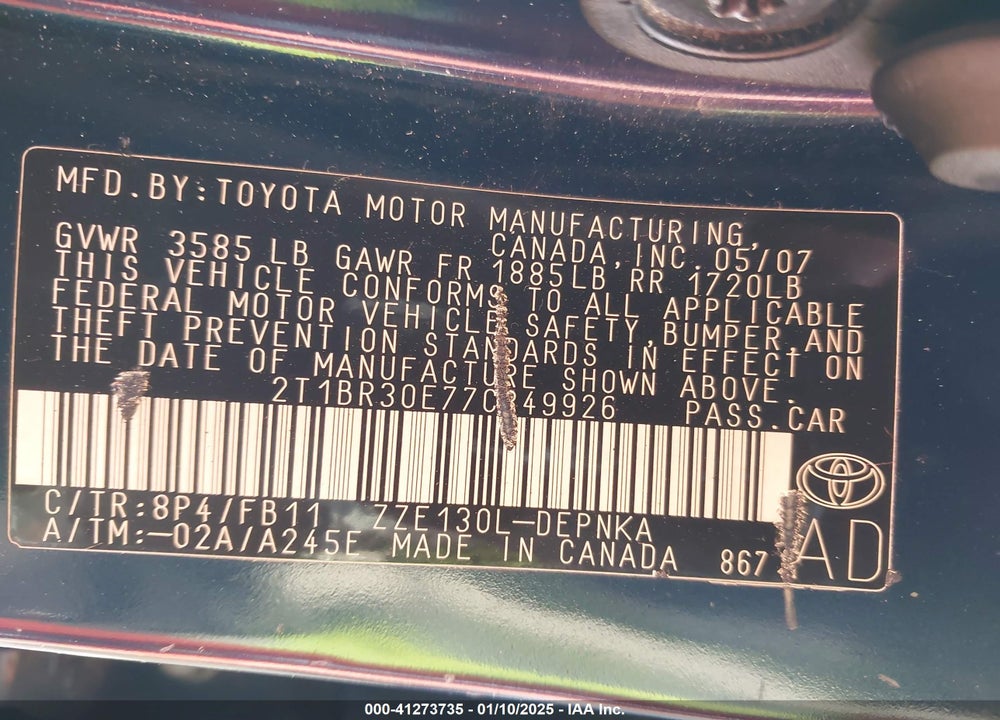 2007 TOYOTA COROLLA VIN: 2T1BR30E77C849926