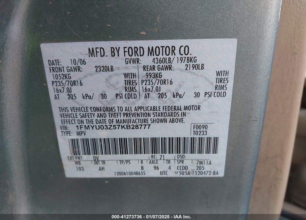 2007 FORD ESCAPE XLT VIN: 1FMYU03Z57KB28777
