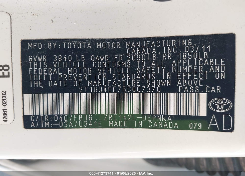 2011 TOYOTA COROLLA LE VIN: 2T1BU4EE7BC607370
