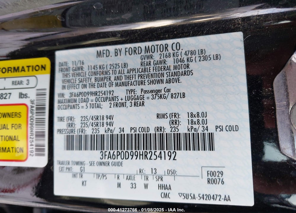 2017 FORD FUSION TITANIUM VIN: 3FA6P0D99HR254192