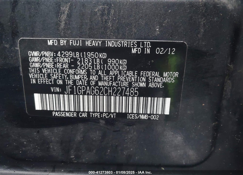 2012 SUBARU IMPREZA 2.0I LIMITED VIN: JF1GPAG62CH227485