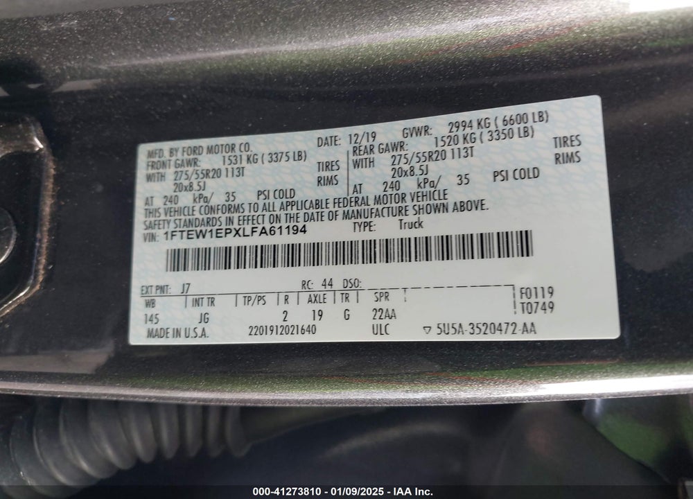 2020 FORD F-150 XL VIN: 1FTEW1EPXLFA61194