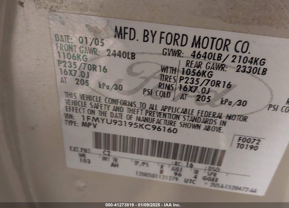 2005 FORD ESCAPE XLT VIN: 1FMYU93195KC96160