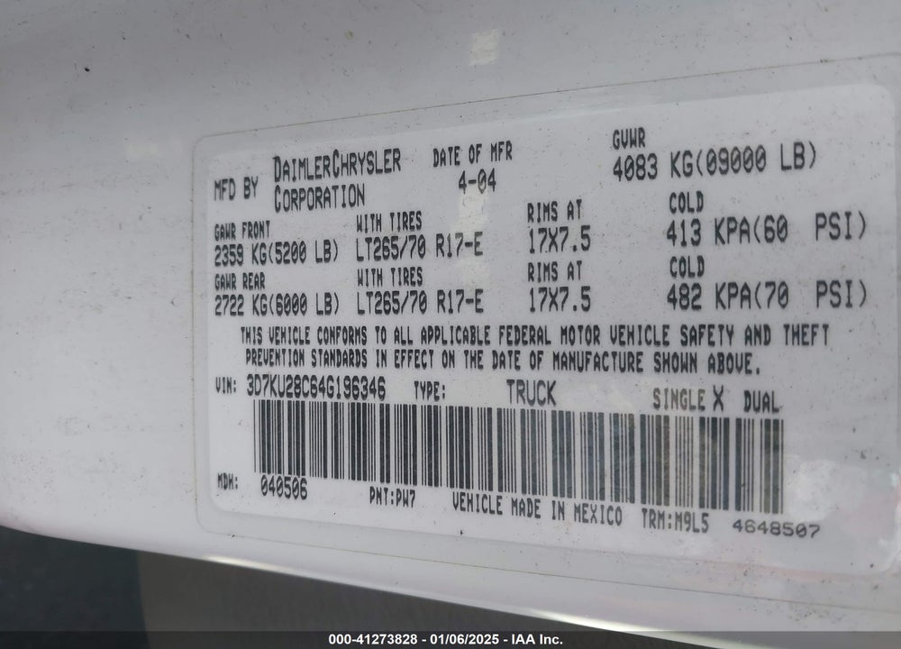 2004 DODGE RAM 2500 SLT/LARAMIE VIN: 3D7KU28C64G196346
