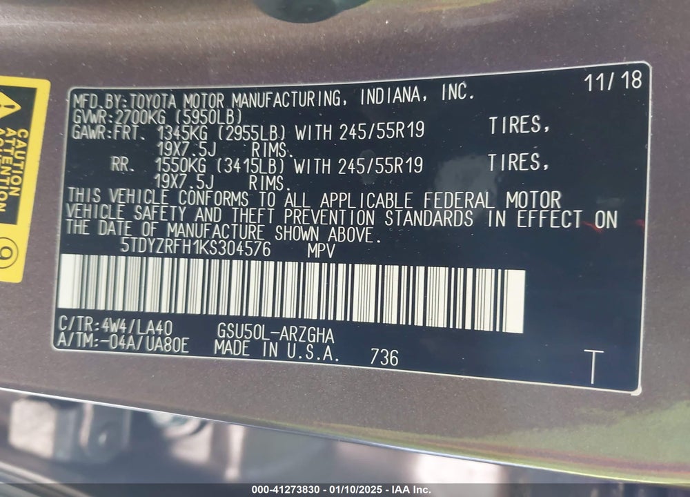2019 TOYOTA HIGHLANDER LIMITED VIN: 5TDYZRFH1KS304576