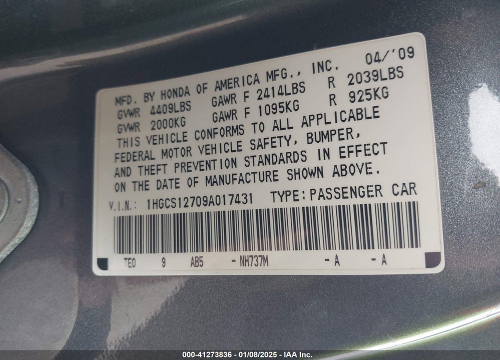 2009 HONDA ACCORD VIN: 1HGCS12709A017431
