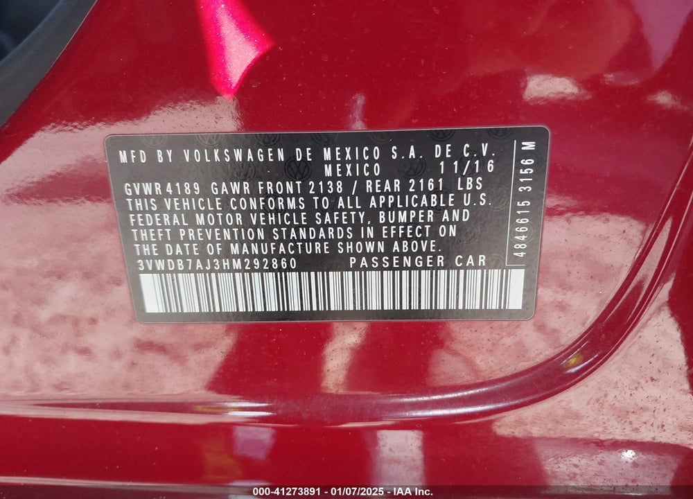 2017 VOLKSWAGEN JETTA VIN: 3VWDB7AJ3HM292860