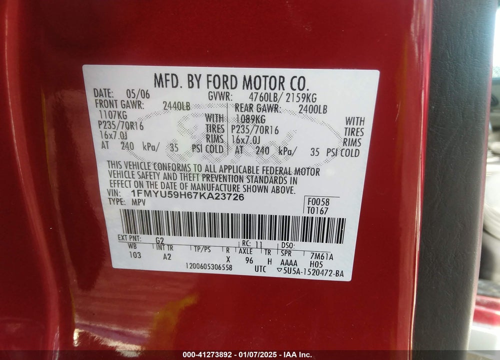 2007 FORD ESCAPE HYBRID VIN: 1FMYU59H67KA23726