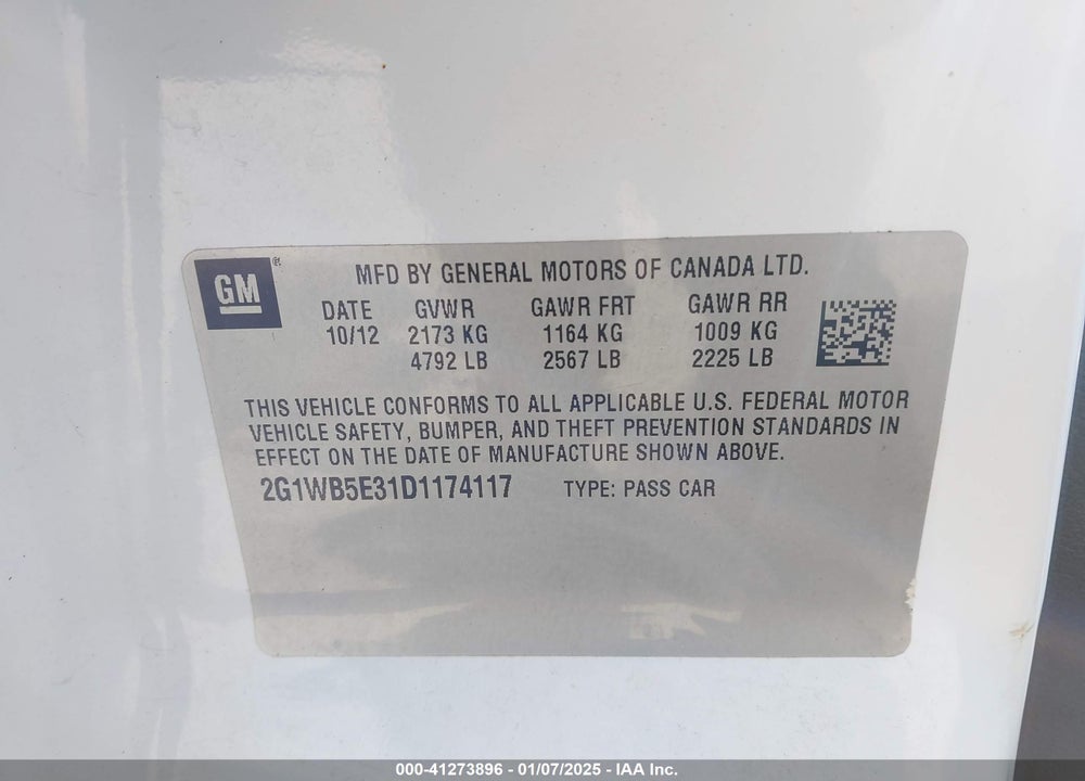 2013 CHEVROLET IMPALA VIN: 2G1WB5E31D1174117