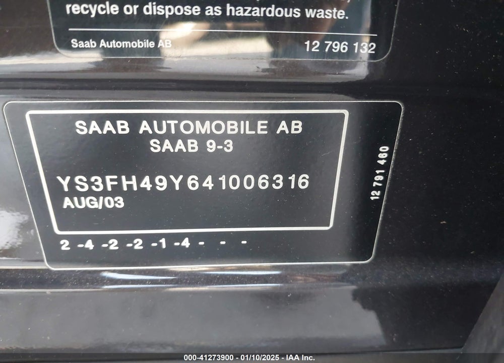 2004 SAAB 9-3 AERO VIN: YS3FH49Y641006316