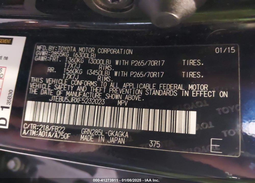 2015 TOYOTA 4RUNNER SR5 VIN: JTEBU5JRXF5232023