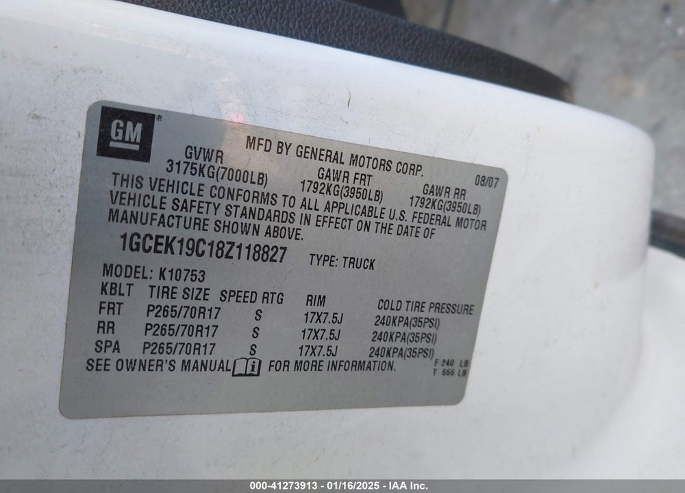 2008 CHEVROLET SILVERADO 1500 LT1 VIN: 1GCEK19C18Z118827