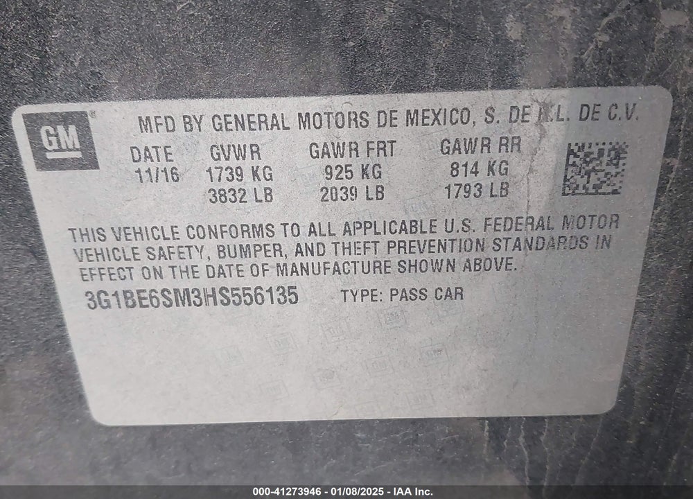 2017 CHEVROLET CRUZE VIN: 3G1BE6SM3HS556135