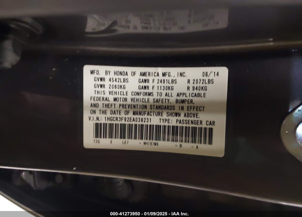 2014 HONDA ACCORD TOURING VIN: 1HGCR3F92EA038231