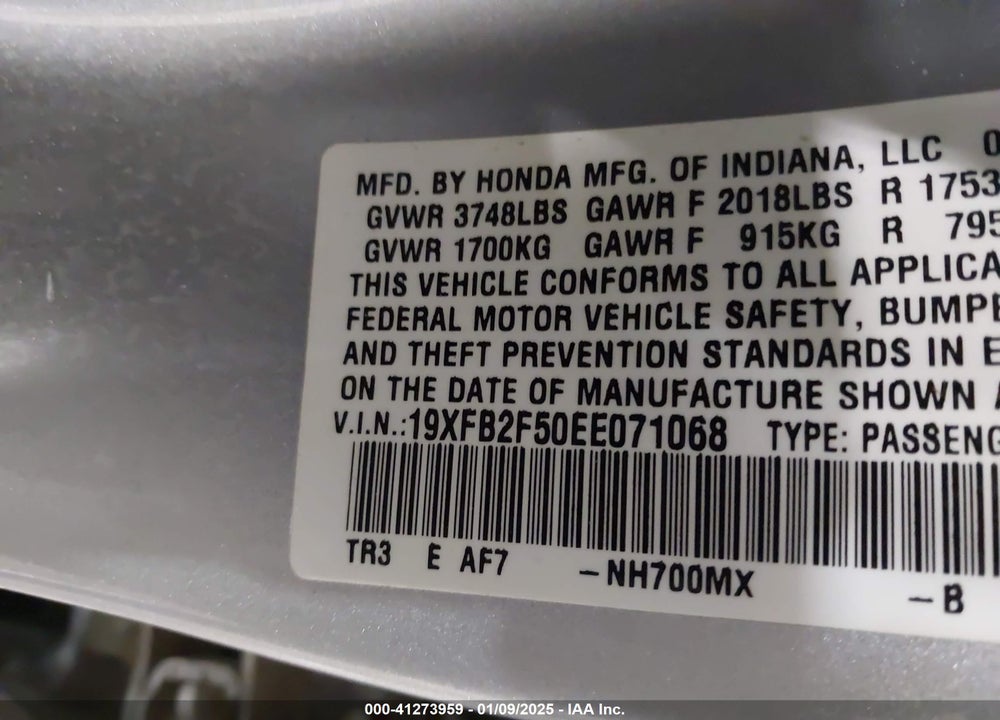2014 HONDA CIVIC LX VIN: 19XFB2F50EE071068