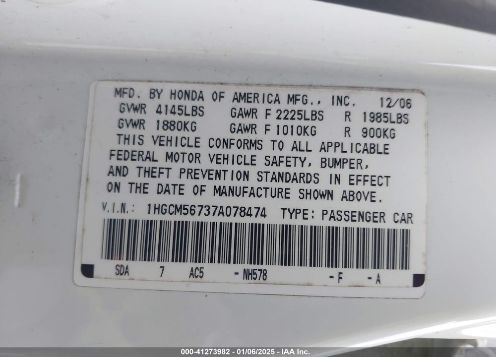 2007 HONDA ACCORD 2.4 EX VIN: 1HGCM56737A078474