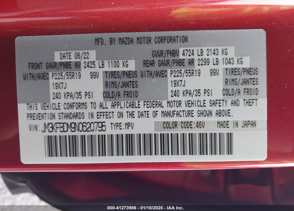 2022 MAZDA CX-5 2.5 S PREMIUM VIN: JM3KFBDM9N0620795